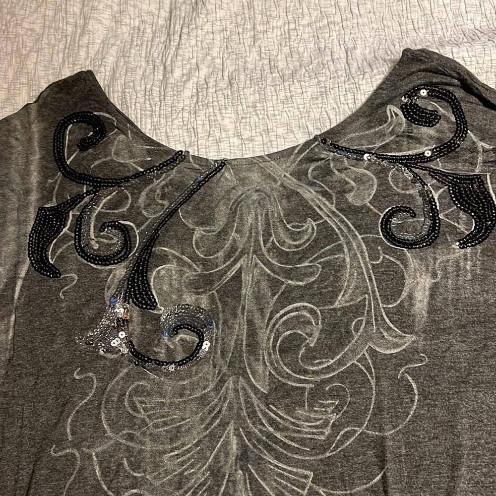 Long sleeve v neck front and back dark grey cinched bottom top with sequins